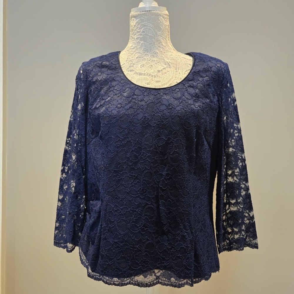 Navy Blue Lace Blazed and Matching Top with Flower Accent - Picture 5 of 8